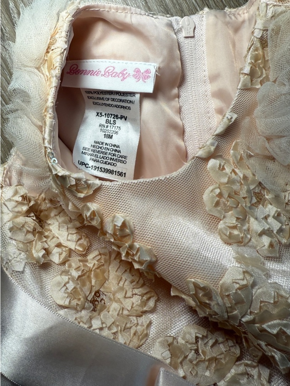 Bonnie Baby Ivory-Peach Floral Tulle Dress with Satin Bow size 18m Flower girl - Picture 5 of 7
